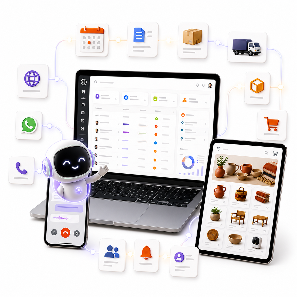 Flujo digital con sitio web, tienda, agente de IA, CRM, reservaciones, inventario, envios y automatizaciones